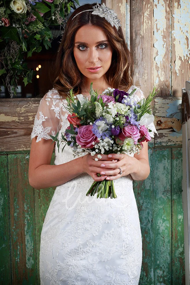 Illusion Appliques Lace Wedding Dress with Short-Sleeve Bateau-Neck Sheath