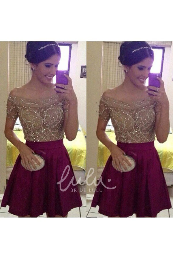 Short Sleeve Satin A-line Mini Bridesmaid Dress with Beading