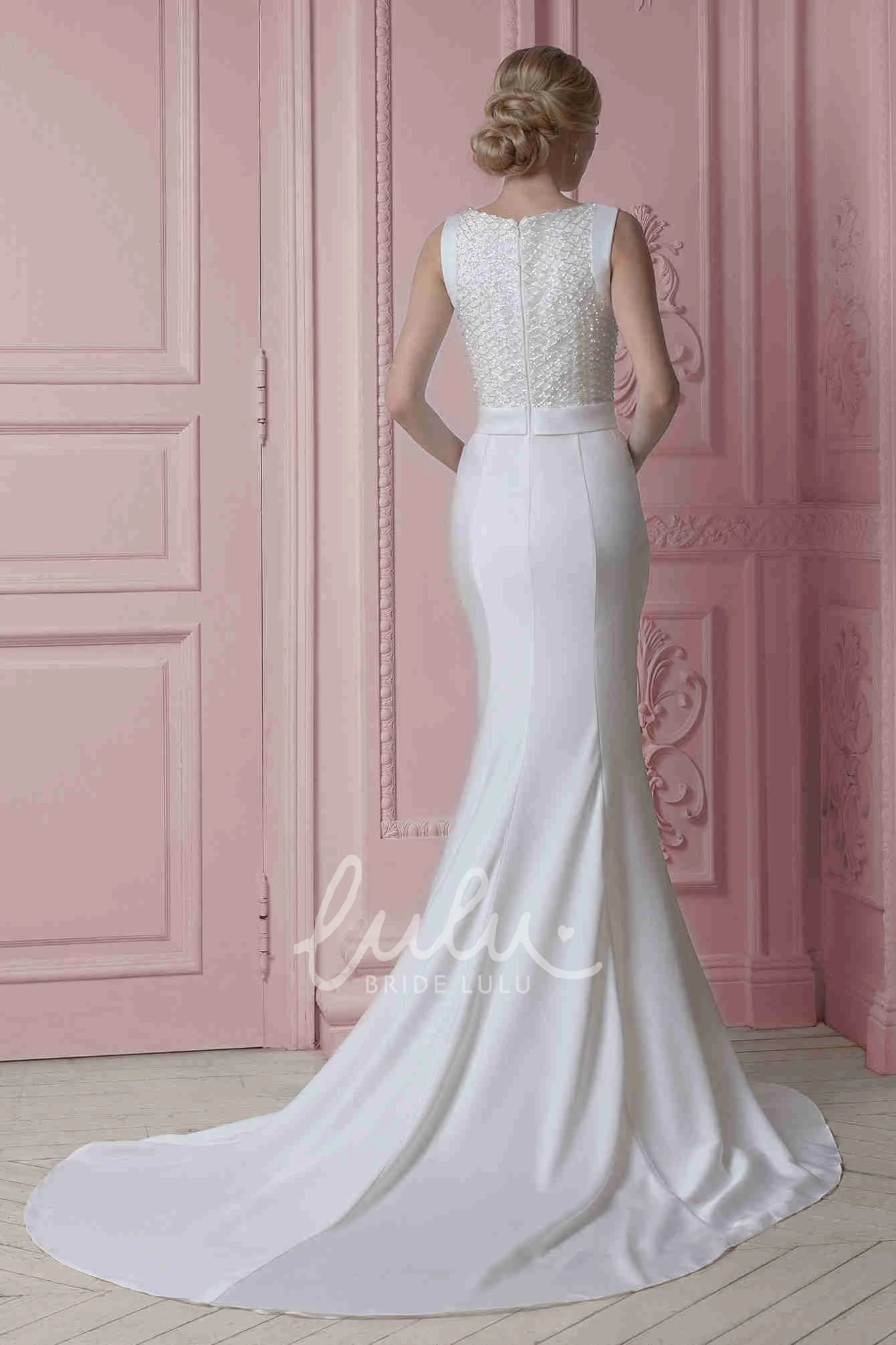 Sleeveless Beaded Satin Wedding Dress with Scoop Neck and Bow Elegant Wedding Dress 2025
