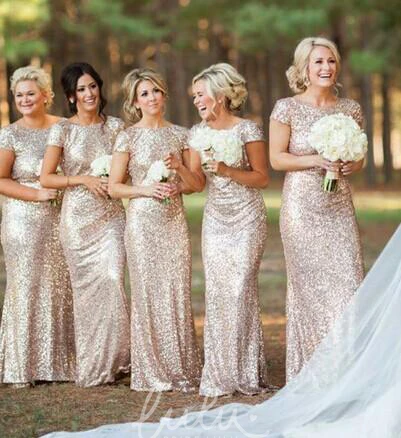 Sequin Bateau Cap Sleeve Prom Dress for Bridesmaids