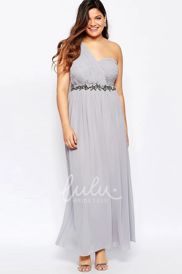 One-Shoulder Ruched Chiffon Bridesmaid Dress Ankle-Length with Waist Jewellery