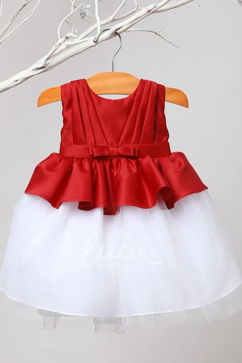 Tiered Tulle and Satin Peplum Flower Girl Dress with Pleats and Sash Knee-Length