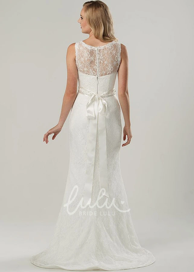 Long Lace Wedding Dress with Jeweled Scoop Neckline and Illusion Elegant Wedding Dress