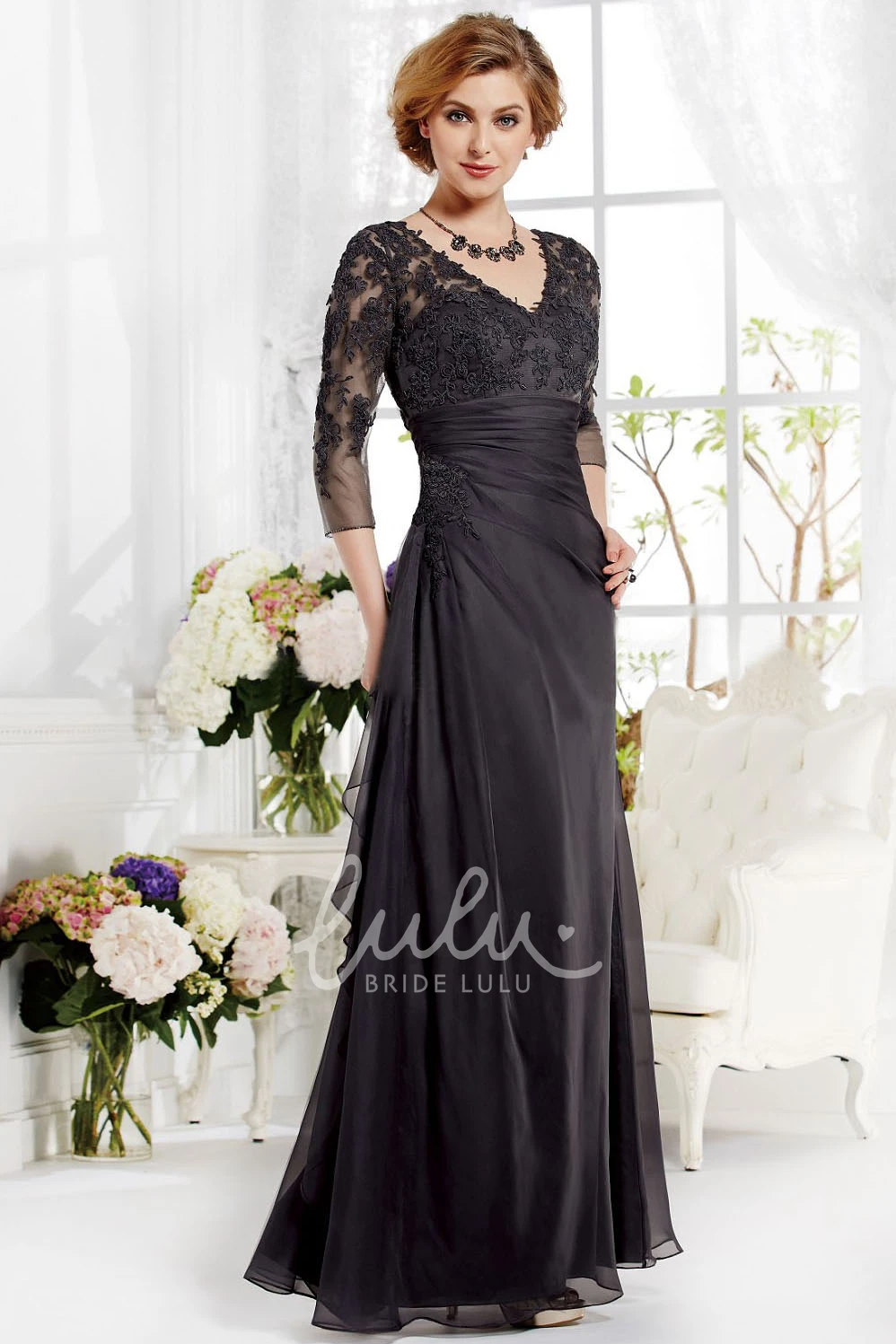Applique and Pleated A-Line Gown with Sleeves for Special Occasions
