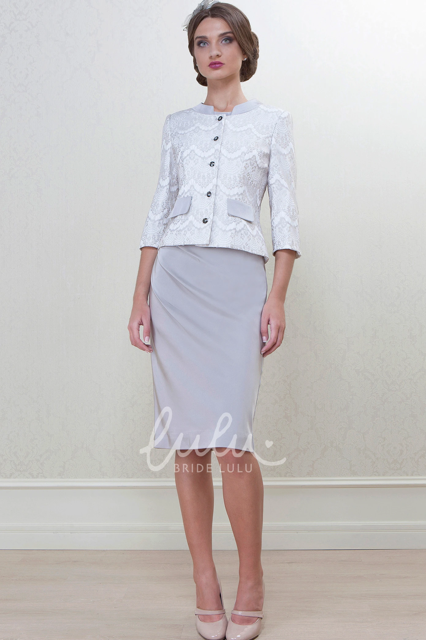 Caped 3-4 Sleeve High Neck Knee-Length Satin Mother Of The Bride Pencil Dress