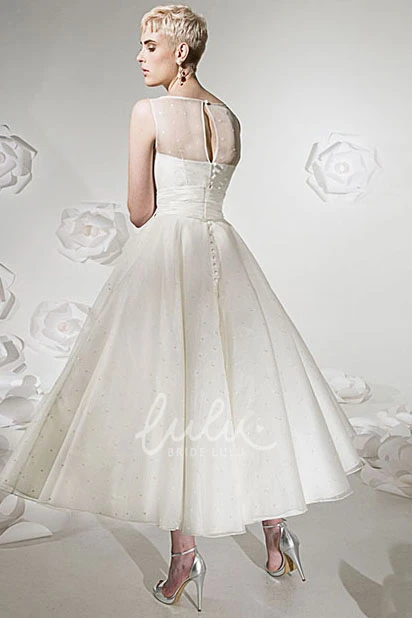 Jewel-Neck Tulle&Satin Wedding Dress A-Line Tea-Length Bridal Gown with Ribbon