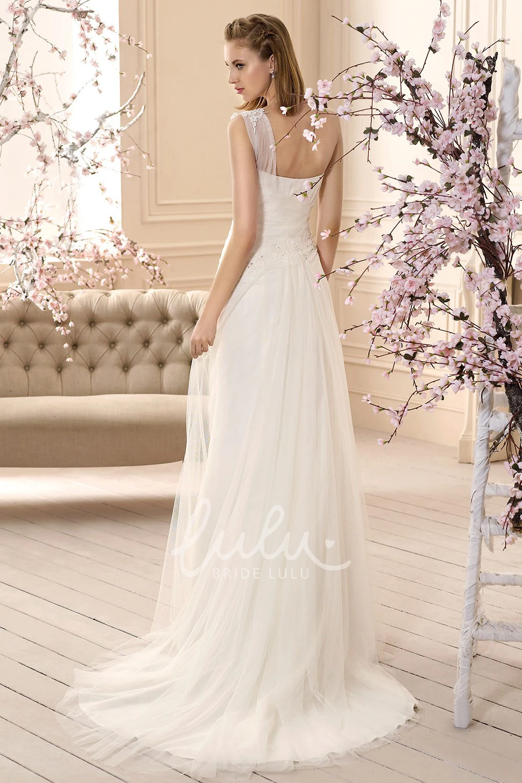Ruched Tulle One-Shoulder Wedding Dress with Appliques Sleeveless
