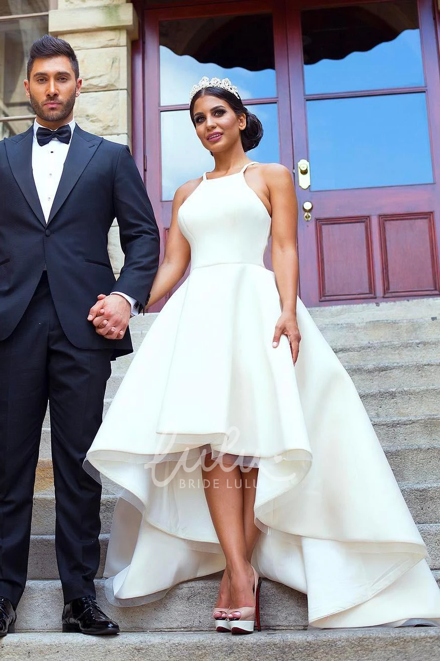 Sleeveless Halter Neck Satin A-Line Bridal Gown with Hi-Low Hem