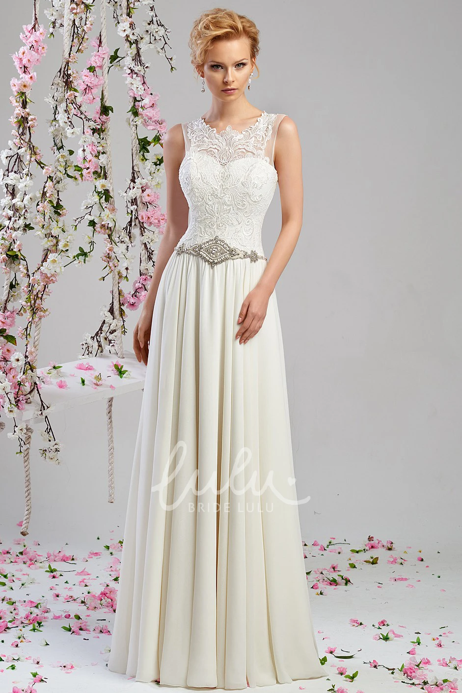 Sleeveless Appliqued Chiffon Wedding Dress with Waist Jewelry Sheath Style