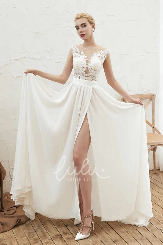 Illusion Cap Sleeve A-line Chiffon Bridal Gown with Lace Appliques