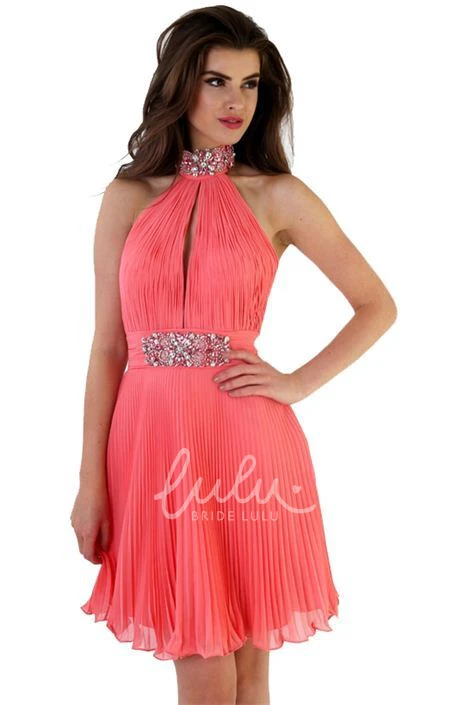 High-Neck Pleated Mini Chiffon Prom Dress Flowy Cocktail Dress for Women