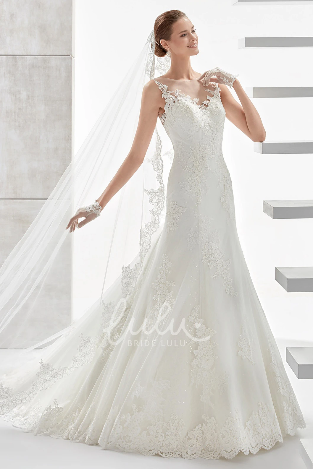 Cap-Sleeve Jewel-Neck Wedding Dress with Illusive Design and Appliques