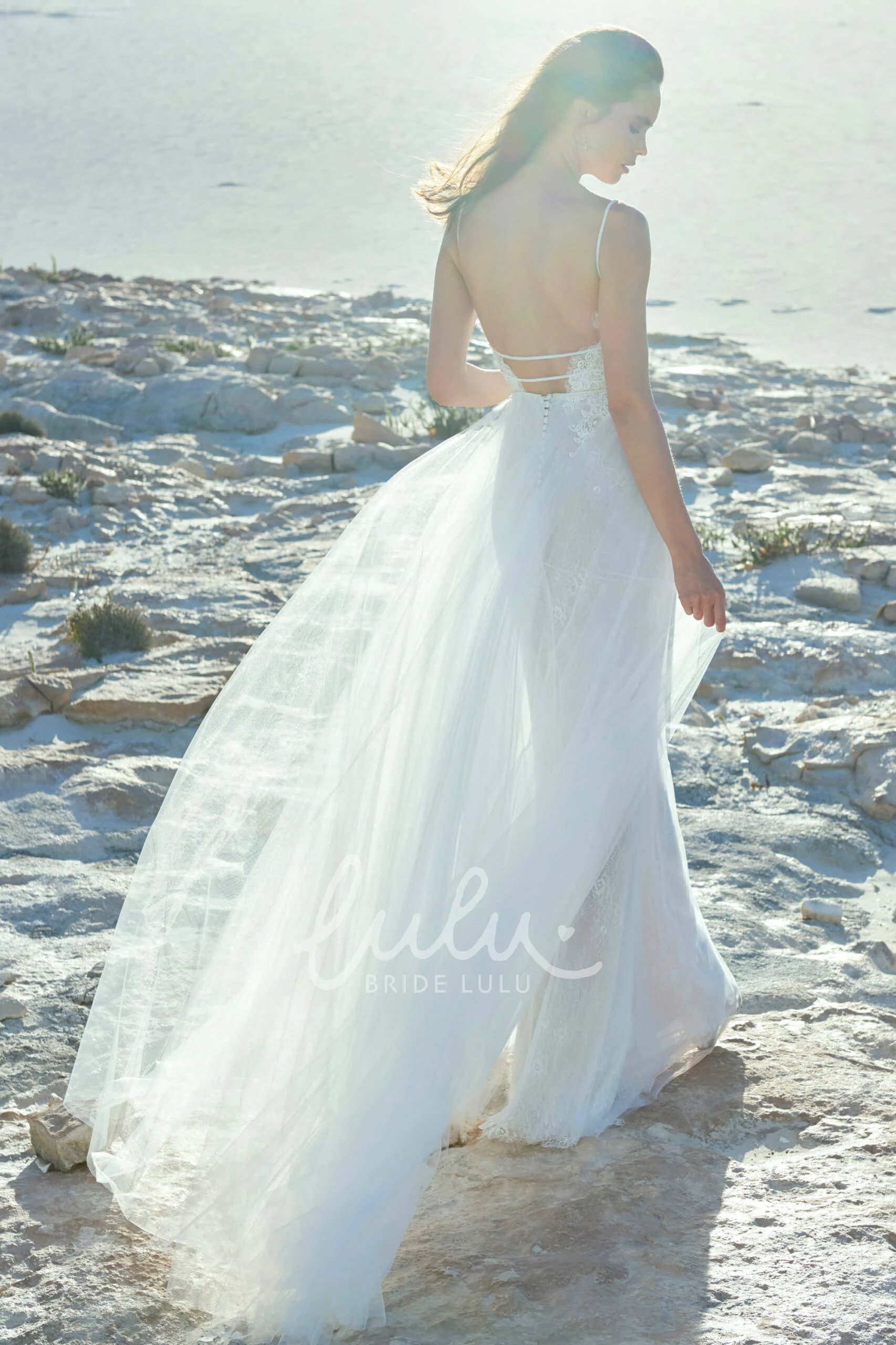 Sexy Lace Top Tulle Wedding Dress with Plunging Neckline and Open Back + Unique Bridal Gown