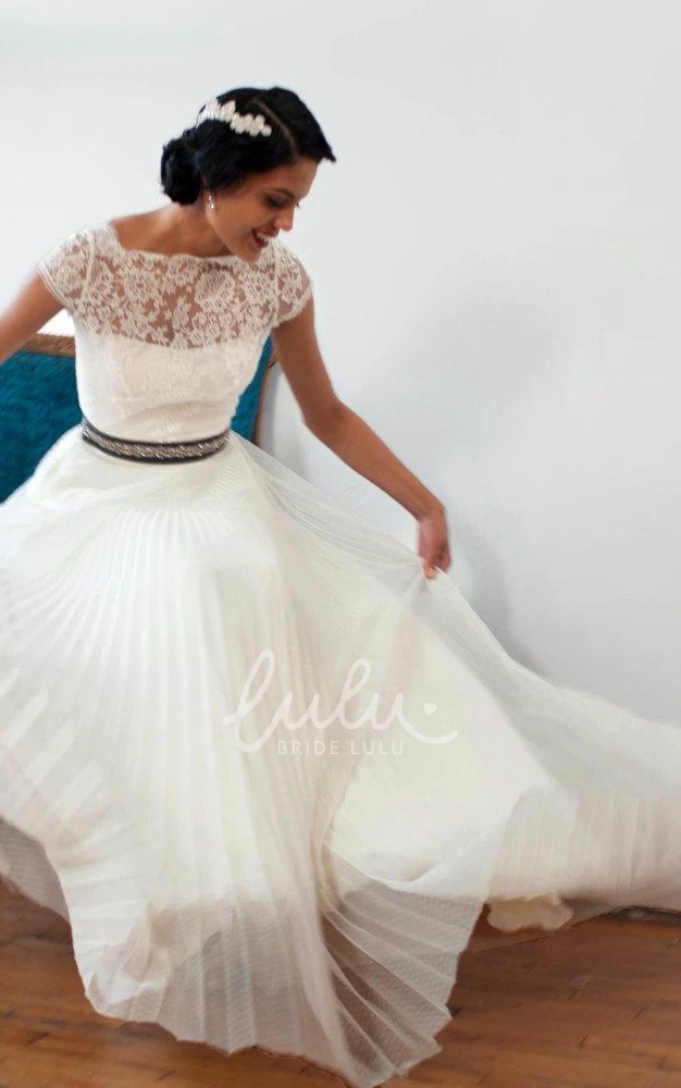 Chiffon Winter Wedding Dress with Cap Sleeves and Button Back Bateau Neckline