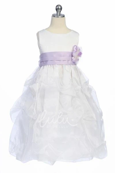 Organza & Satin Tea-Length Flower Girl Dress with Ruched Design