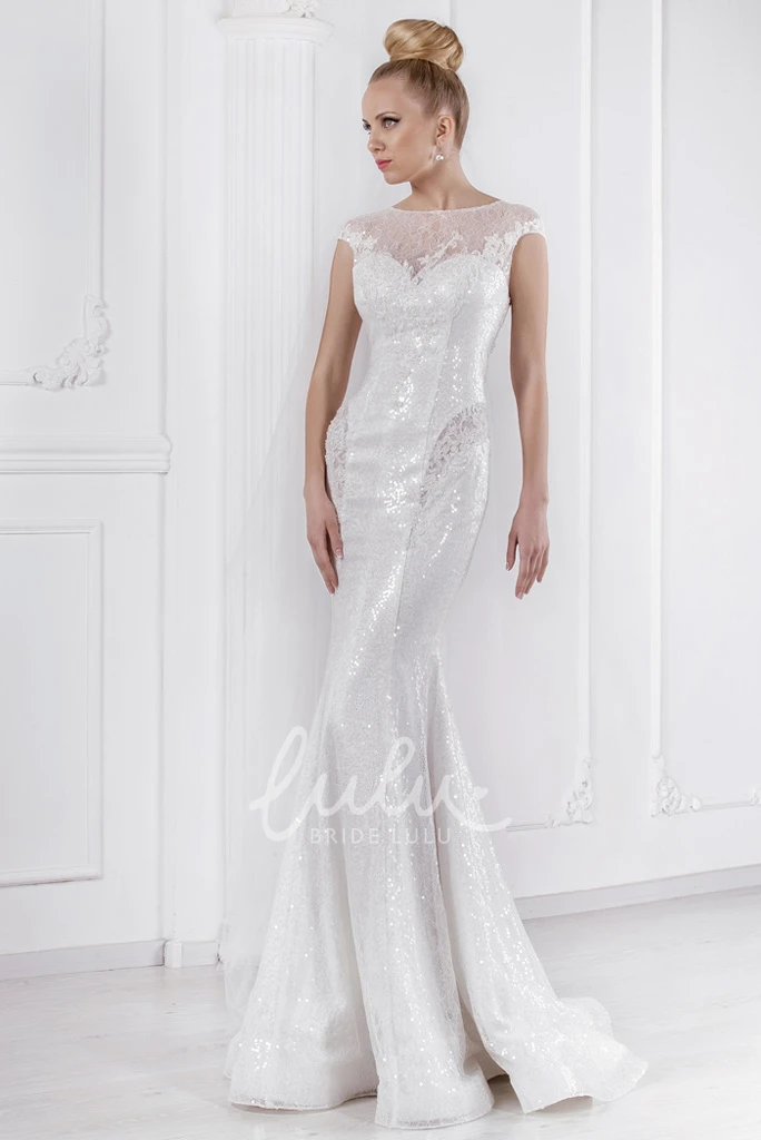 Sequined Lace Sheath Wedding Dress with Illusion Neckline
