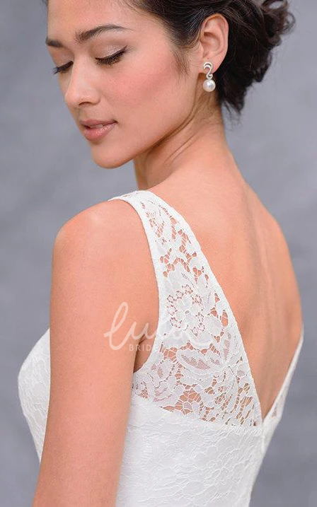 V-Neck Lace Satin Summer Wedding Dress Destination with High-Low Hem