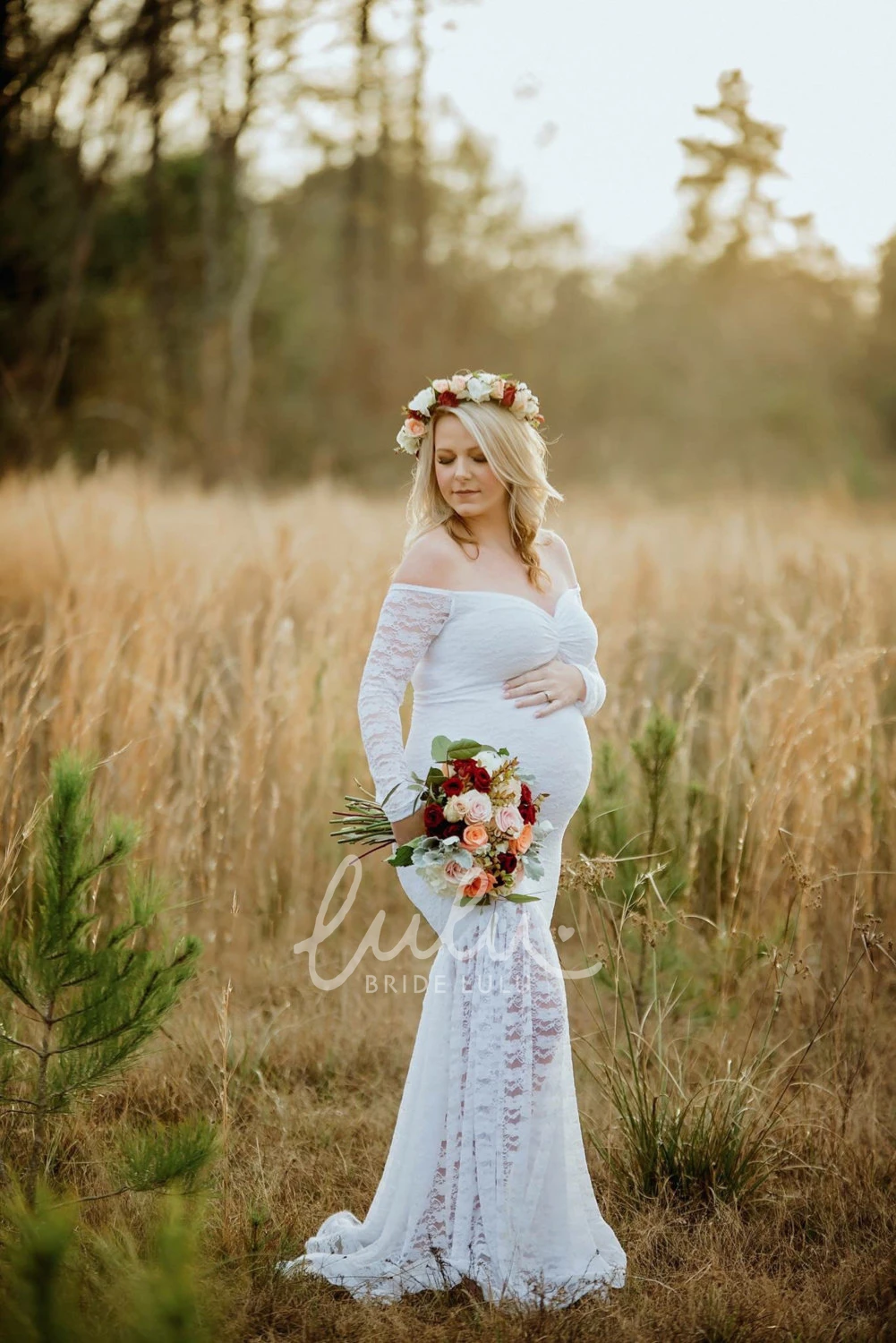 Mermaid Lace Off-the-shoulder Ruched Maternity Wedding Dress Long Sleeve Pleated