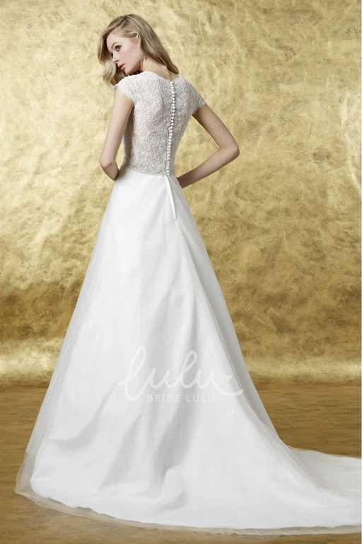 A-Line Organza Wedding Dress with Appliques Cap Sleeve Scalloped Floor-Length