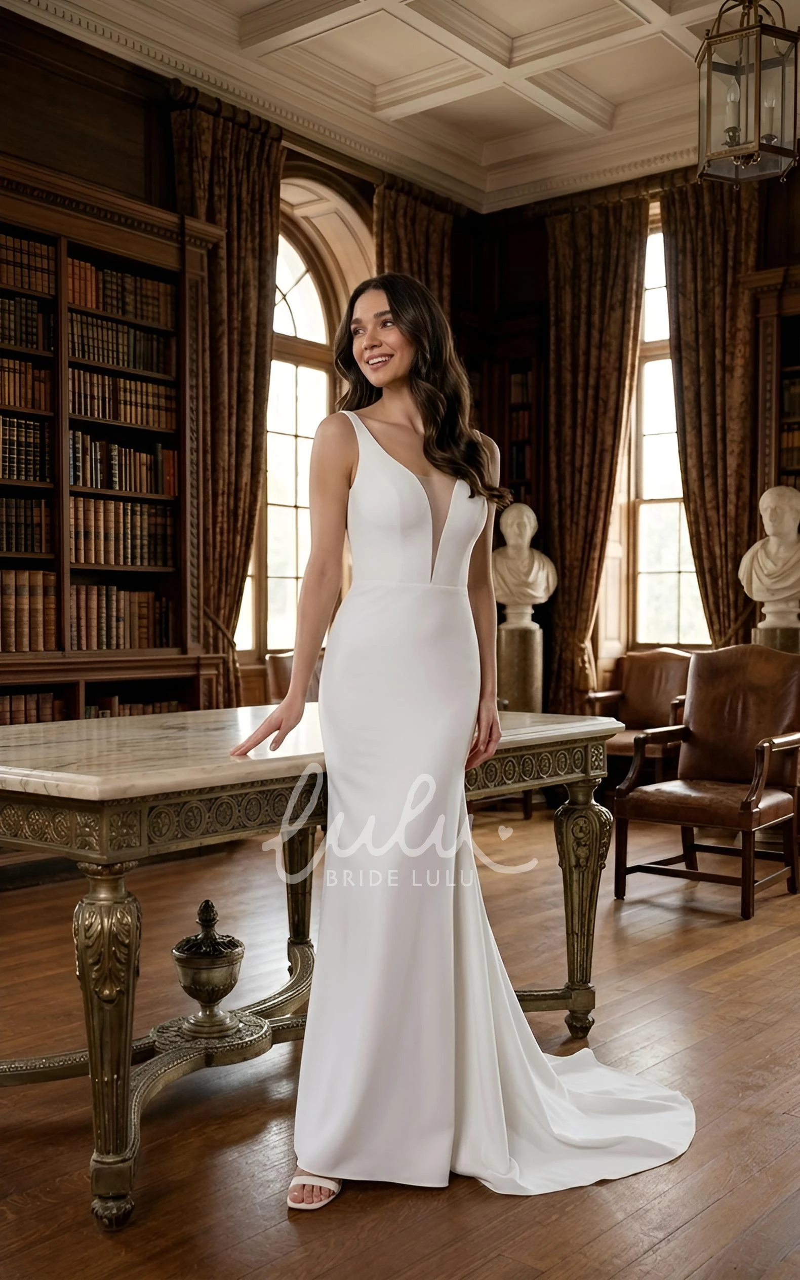 Simple Mermaid Sleeveless Wedding Dress Deep V-Neck Bridal Gown with Lace Illusion Back
