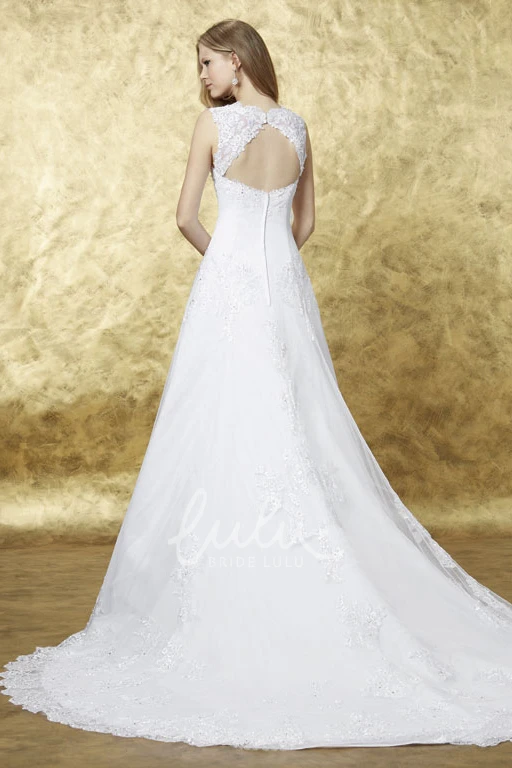 Lace A-Line Wedding Dress with Keyhole Back and Court Train Sleeveless Scoop Neck