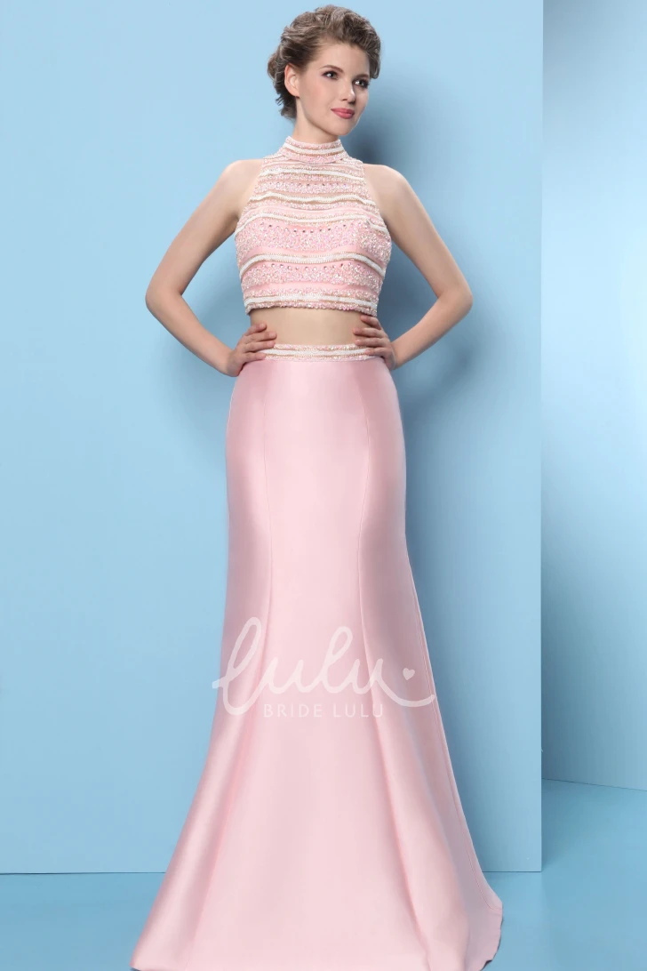 Sleeveless Trumpet Prom Dress with High-Neck and Beaded Satin