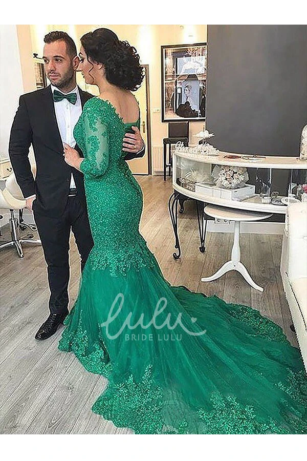 V-neck Lace Tulle Mermaid Prom Dress with 3/4 Length Sleeves