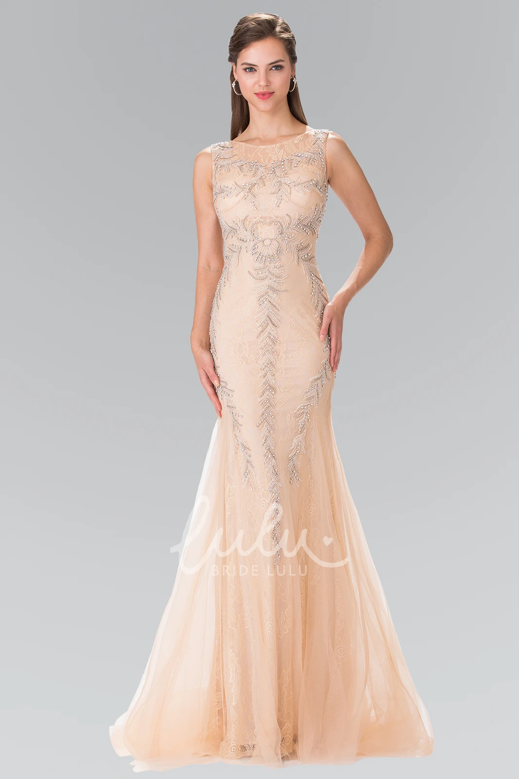 Sleeveless Mermaid Tulle Lace Illusion Formal Dress with Beading