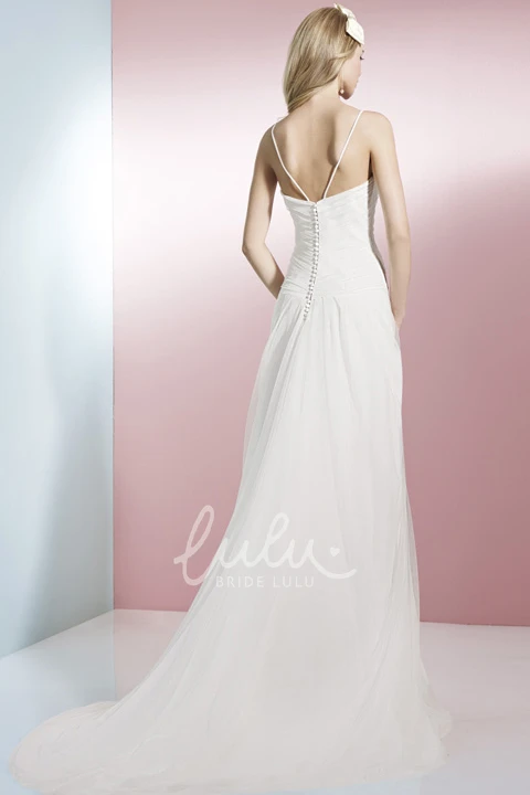 Long Jeweled Spaghetti Strap Wedding Dress with Draping and Low-V Back