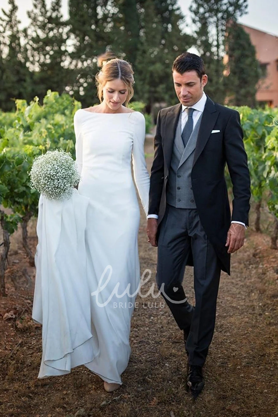 Chiffon Sheath Long Sleeve Deep-V Back Wedding Dress Simple & Elegant