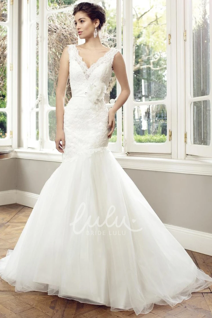 Floral Lace and Tulle Wedding Dress with V-Neck and Low V-Back Trumpet Style