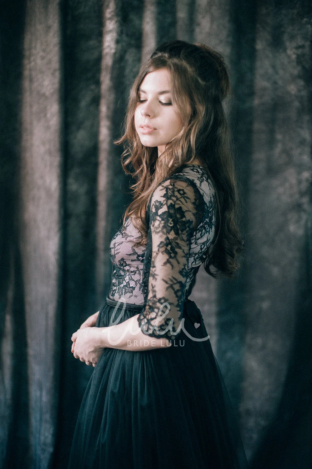 Black Lace Sheath Wedding Dress V-neck Illusion Low-V Back Long Sleeve Floor-length