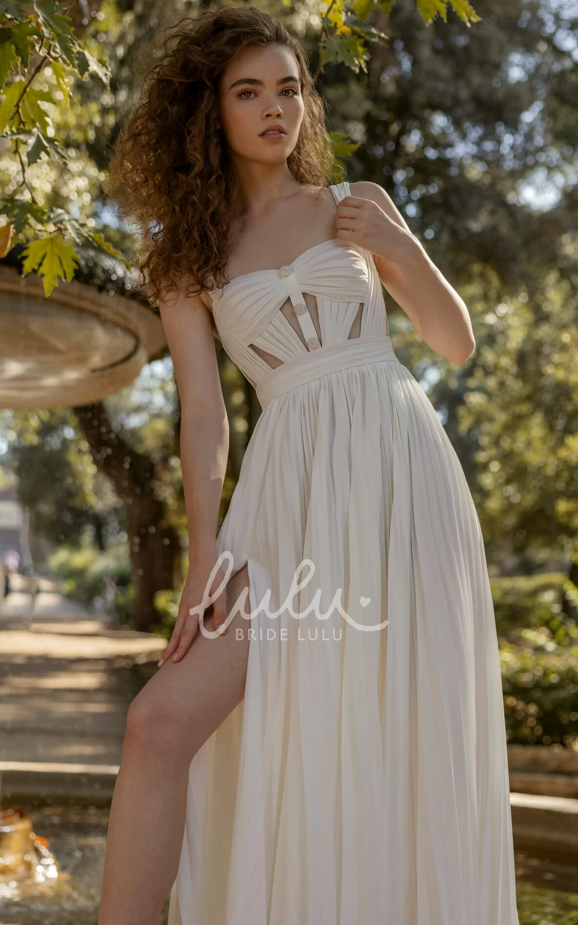 Casual Straps Sleeveless Satin Wedding Dress with Illusion Long Train