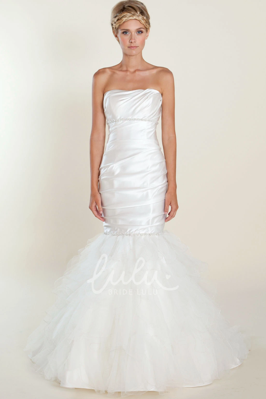 Strapless Satin Wedding Dress with Ruffles and Beading Trumpet Long Sleeveless Ruched