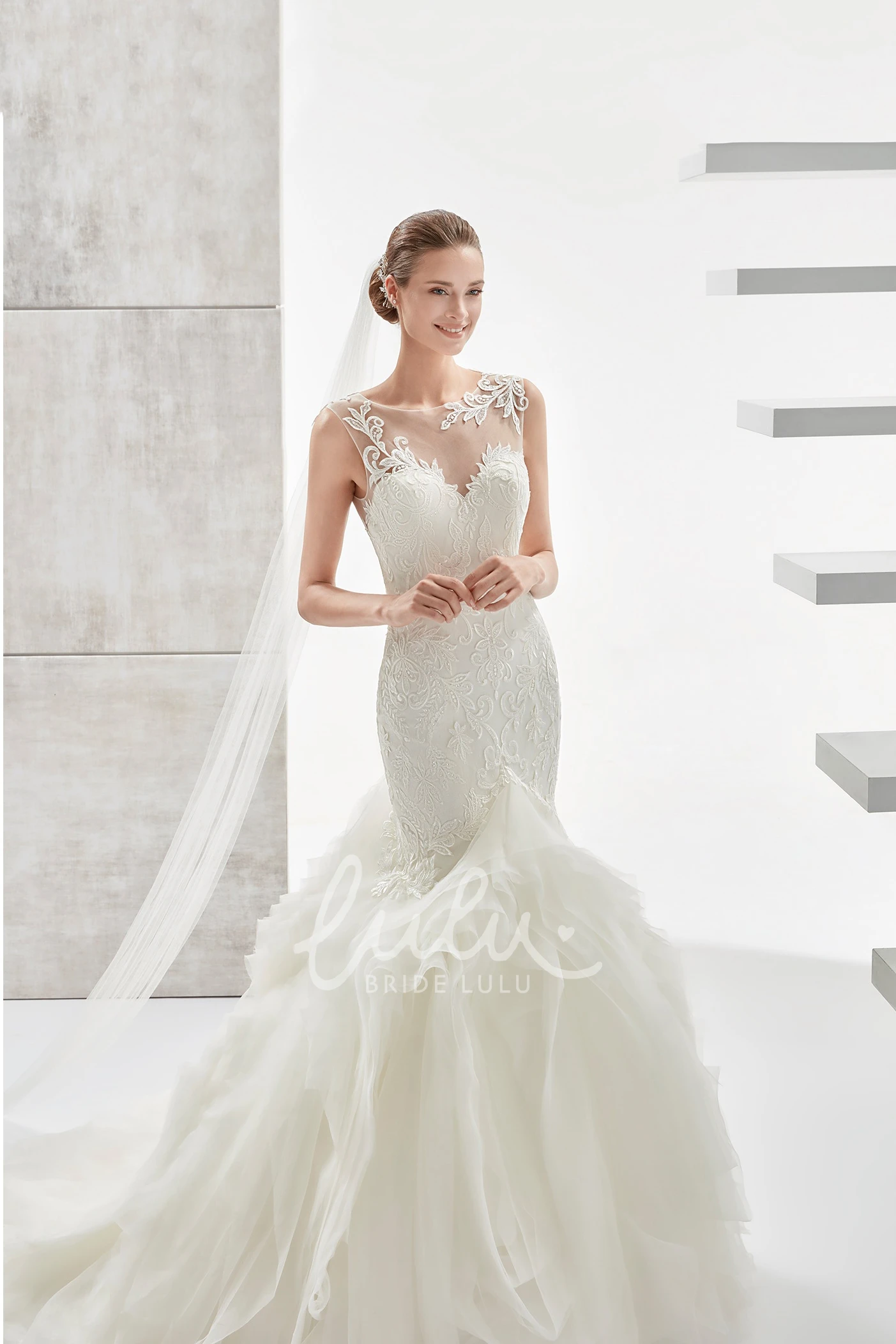 Illusive Design Mermaid Wedding Dress with Jewel Neckline and Ruffled Train Unique Bridal Gown