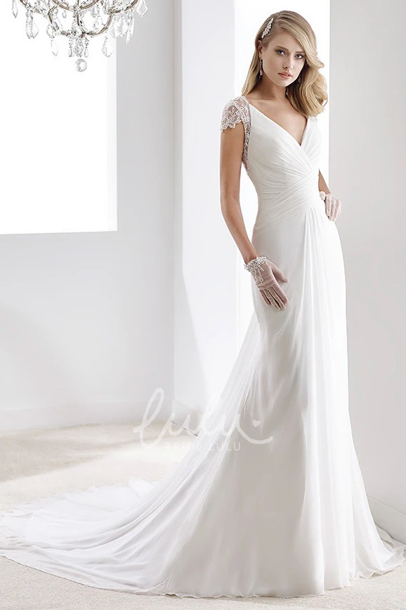 Sheath Chiffon Wedding Dress with Illusive Sleeves V-Neck & Bandage Waist