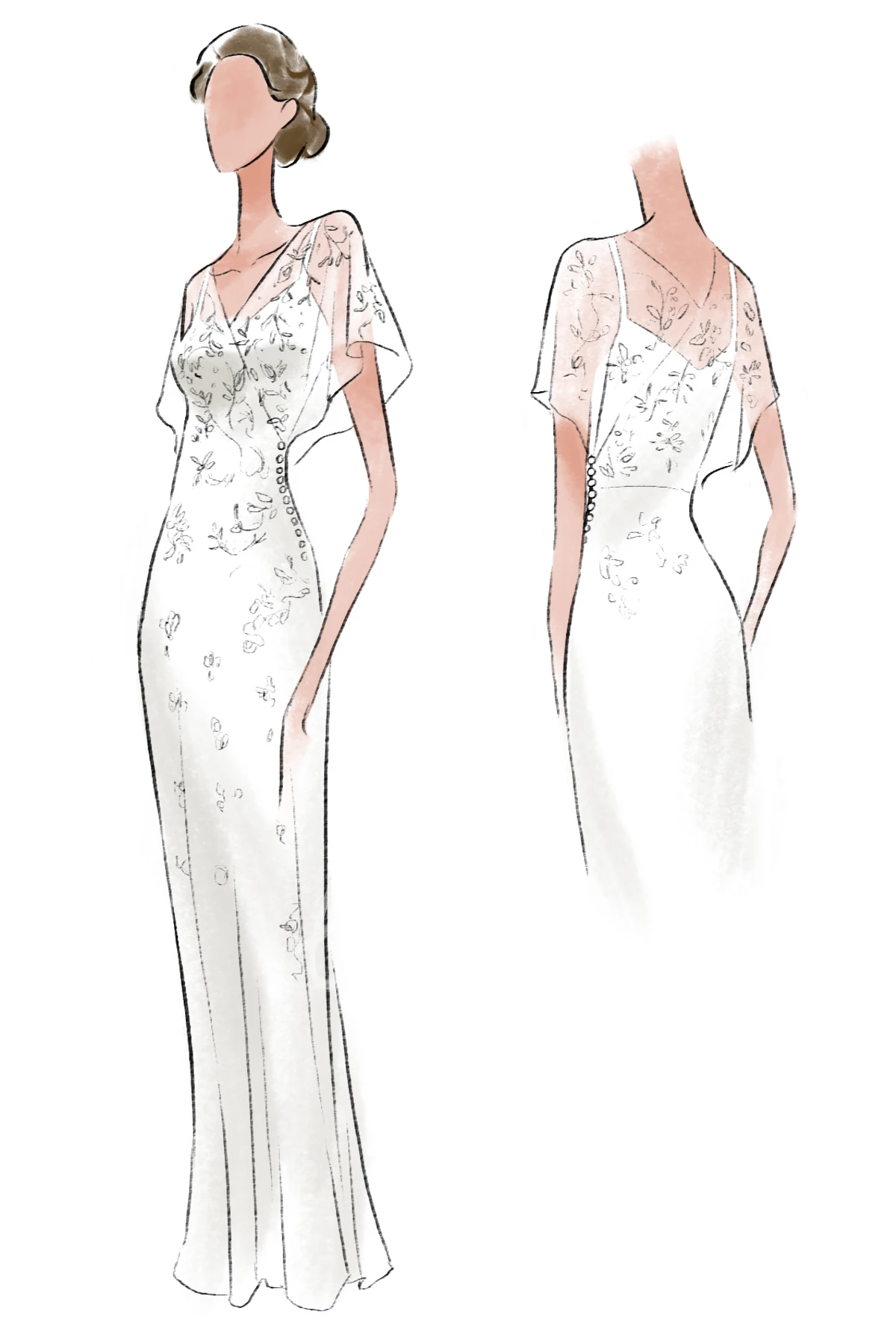 Butterfly Sleeve V-neck V-back Dress with Side Buttons Elegant Prom Dress