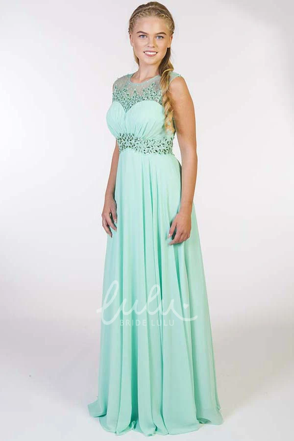 Crystal A-Line Chiffon Prom Dress with Pleats Sleeveless Long Scoop-Neck