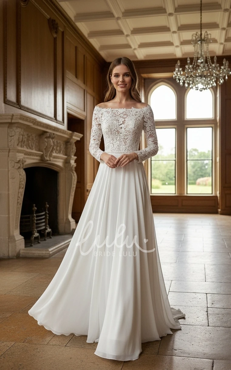 Boho A-Line Lace Off-the-shoulder Winter Wedding Dress Vintage Elegant Long Sleeve Bridal Gown with train