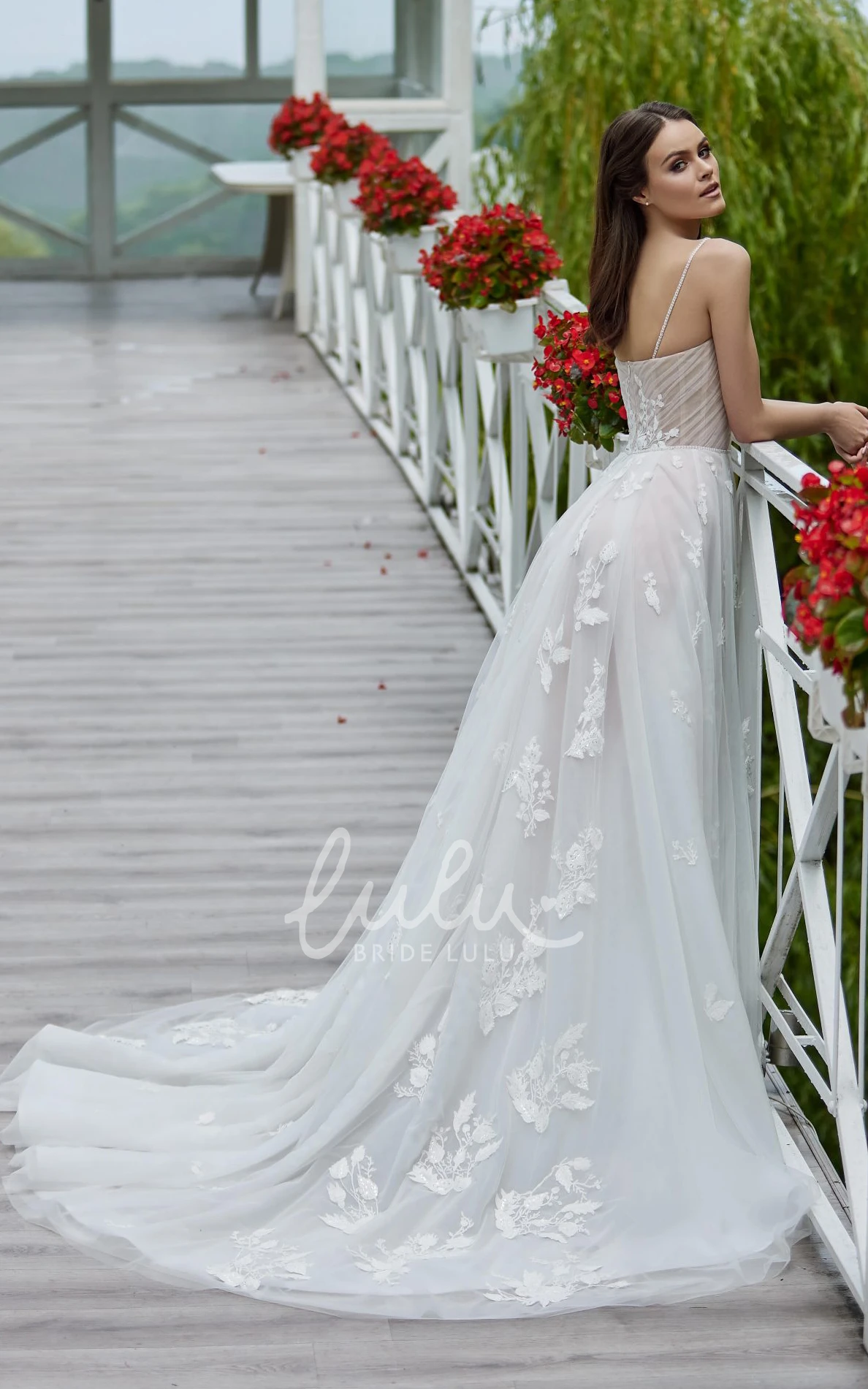 Garden Wedding Dress with Lace A-Line Silhouette Spaghetti Straps Open Back and Appliques Classy and Romantic