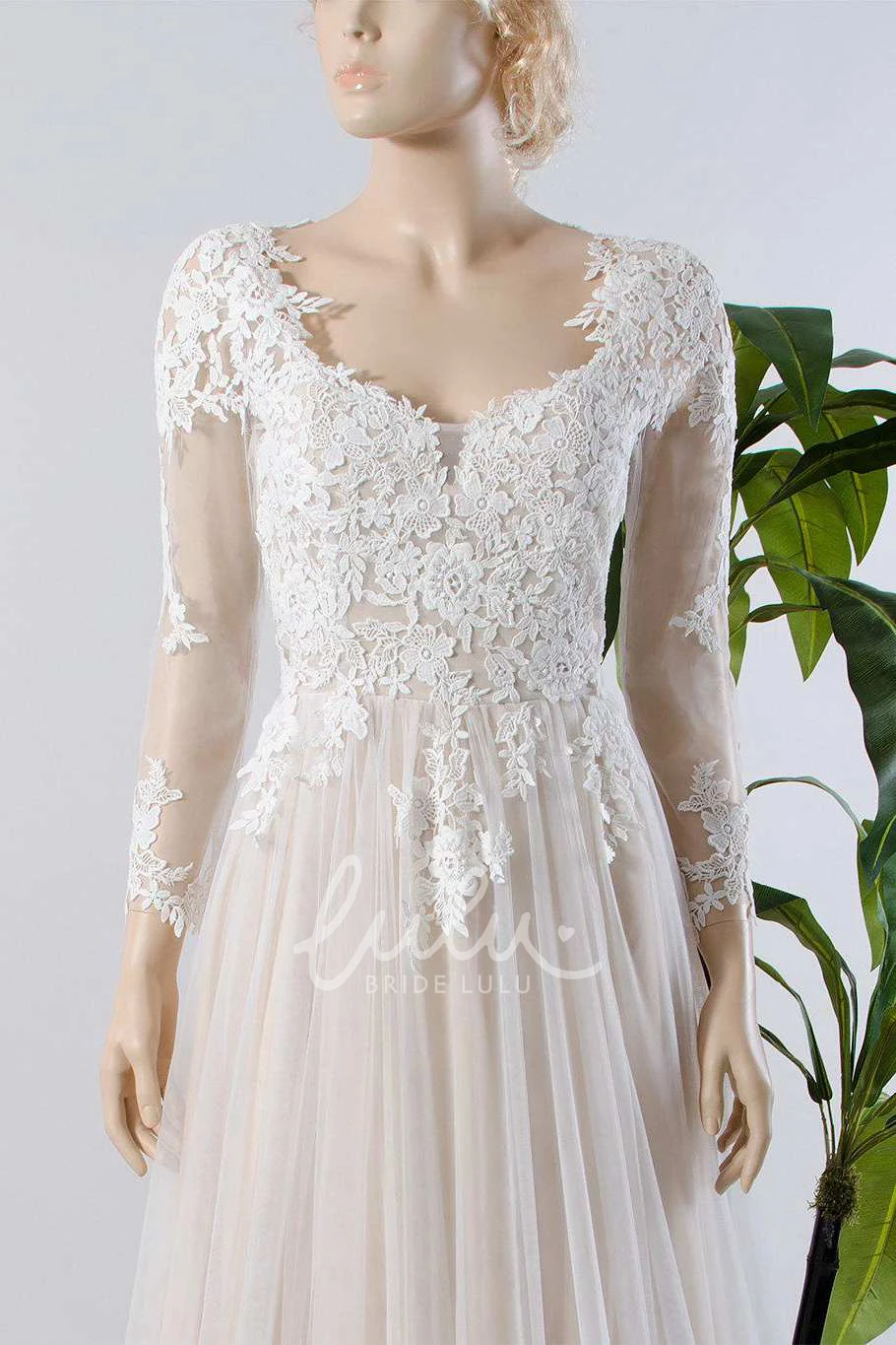 A-Line Tulle Wedding Dress with Lace Applique and Illusion Long Sleeves