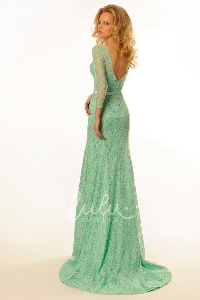 3/4 Sleeve Lace Maxi Prom Dress with Ribboned Scoop Neck