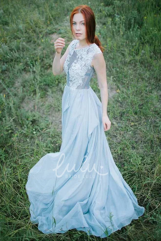 A-Line Chiffon Draped Dress with Lace Applique Top Sleeveless Jewel Neckline