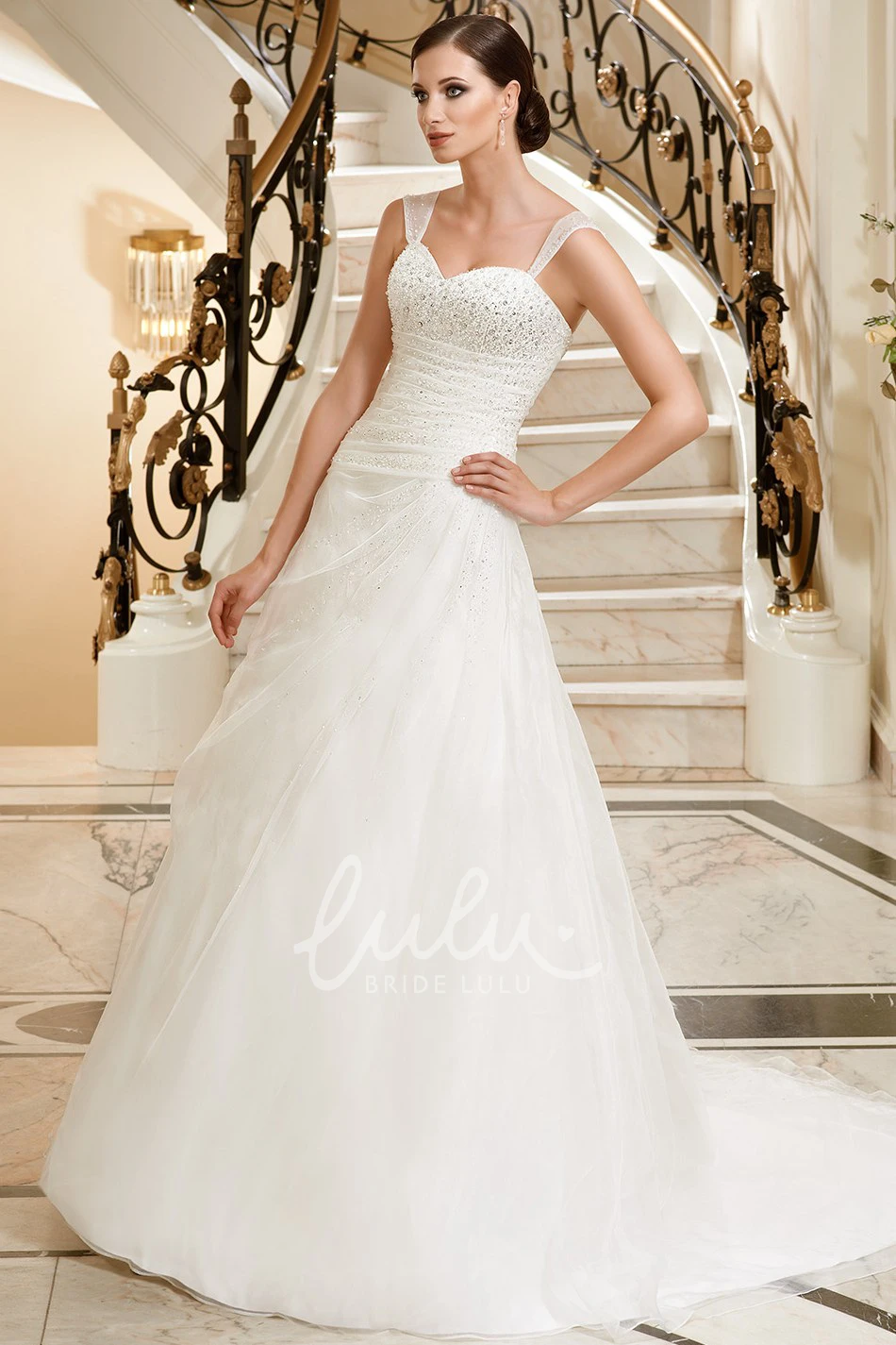 Beaded A-Line Tulle & Satin Wedding Dress with Draping Elegant Sleeveless Gown