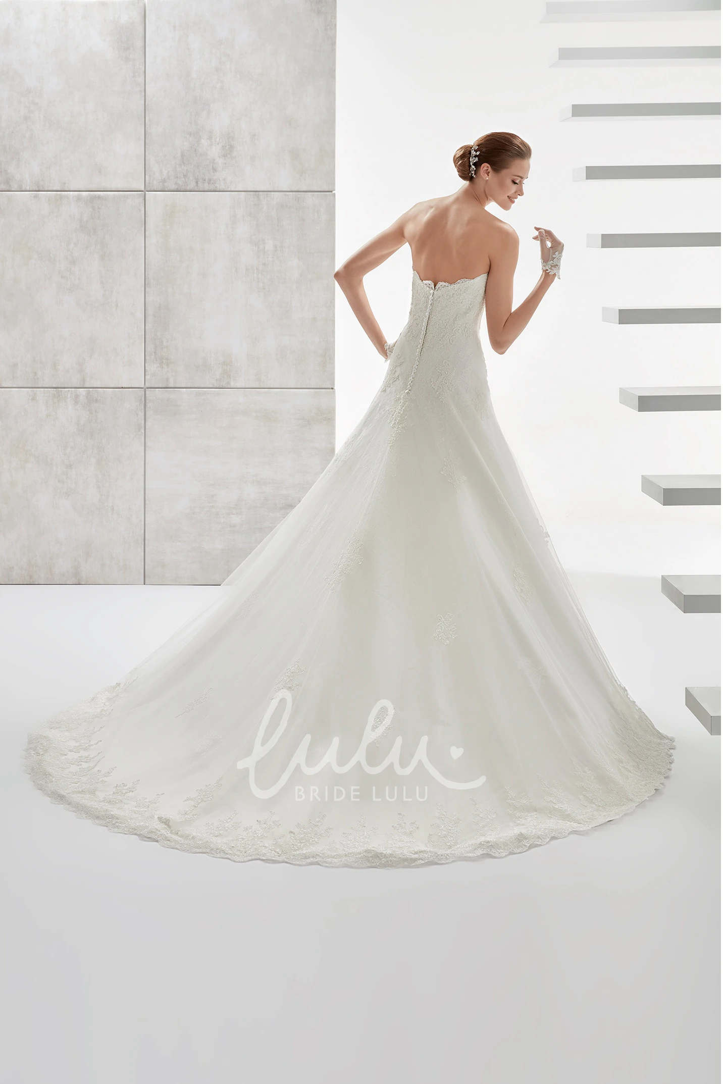 Strapless Wedding Dress with Lace Appliques and Brush Train Simple Bridal Gown