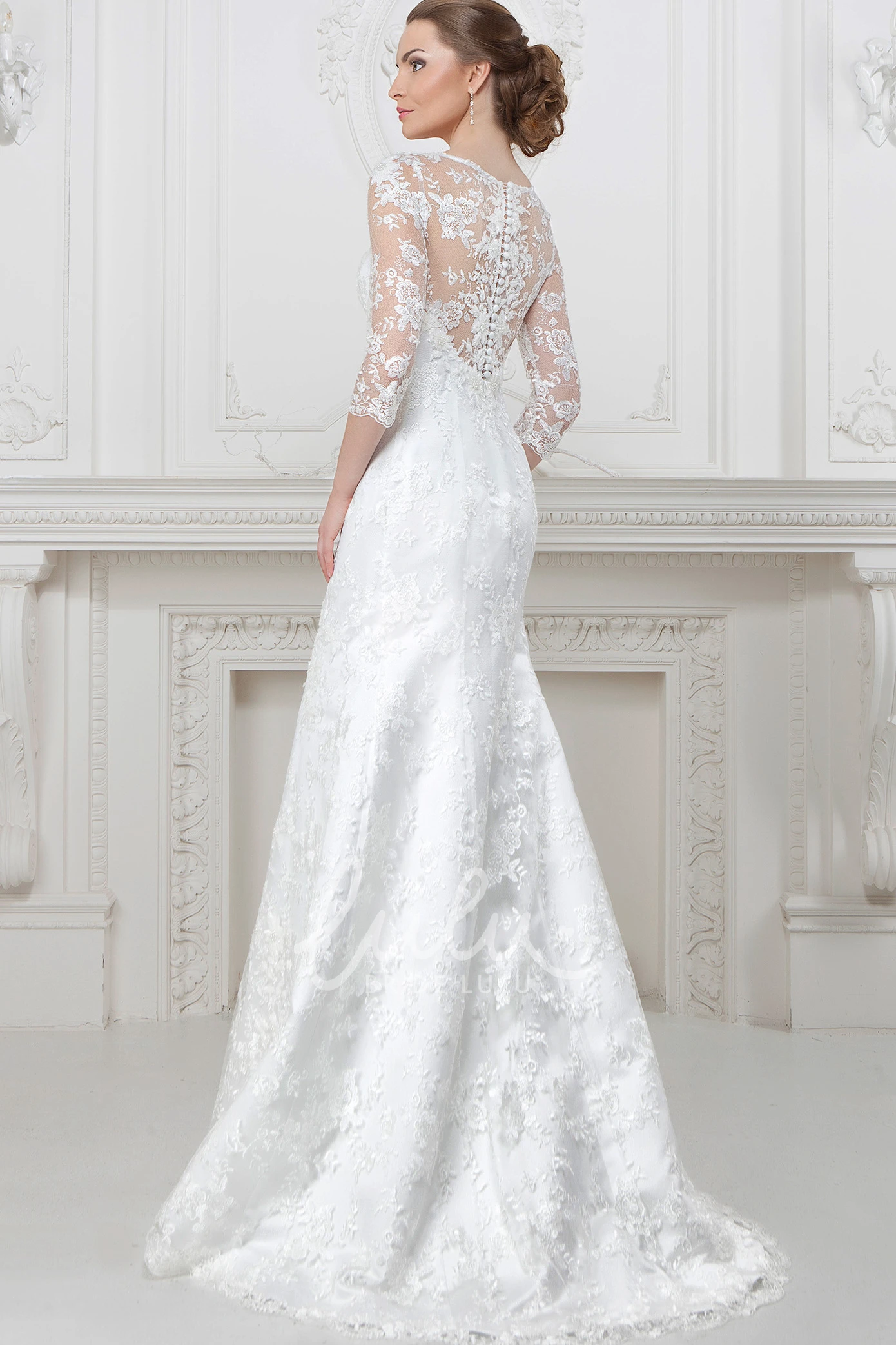 A-Line Lace Wedding Dress with Illusion Scoop-Neck 3-4-Sleeves