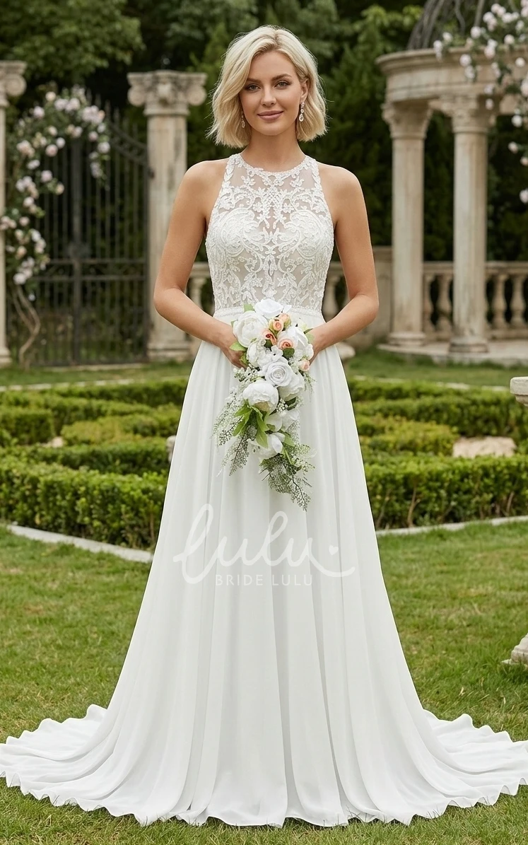  Garden Boho Lace A-Line Summer Wedding Dress Beach Modest Elegant Chiffon Illusion Button Back Gown with Sweep Train