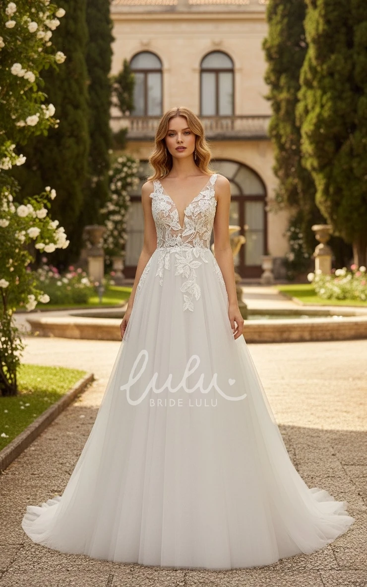 A-Line Lace Floral Beach Wedding Dress Country V-Neck Sleeveless Tulle Bridal Gown