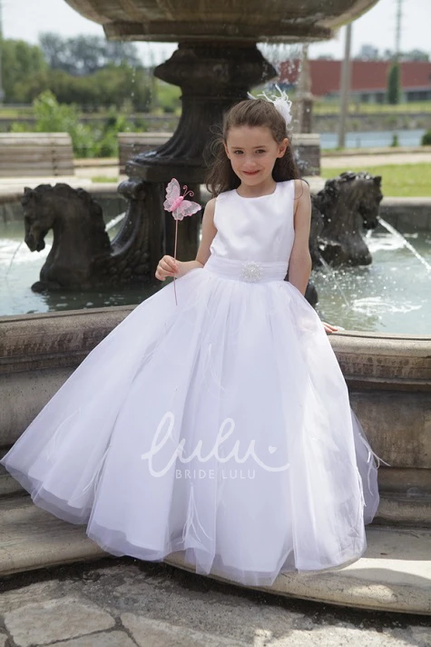 Taffeta Top Tulle Ball Gown with Pearl Waist Flower Girl Prom Dress
