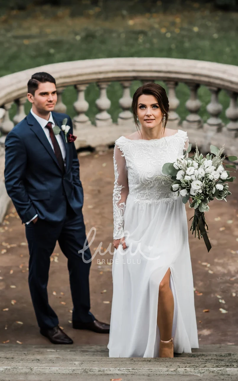 Vintage 1920s Wedding Dress Long Sleeve Sheath Chiffon Floor-length with Lace Deep-V Back